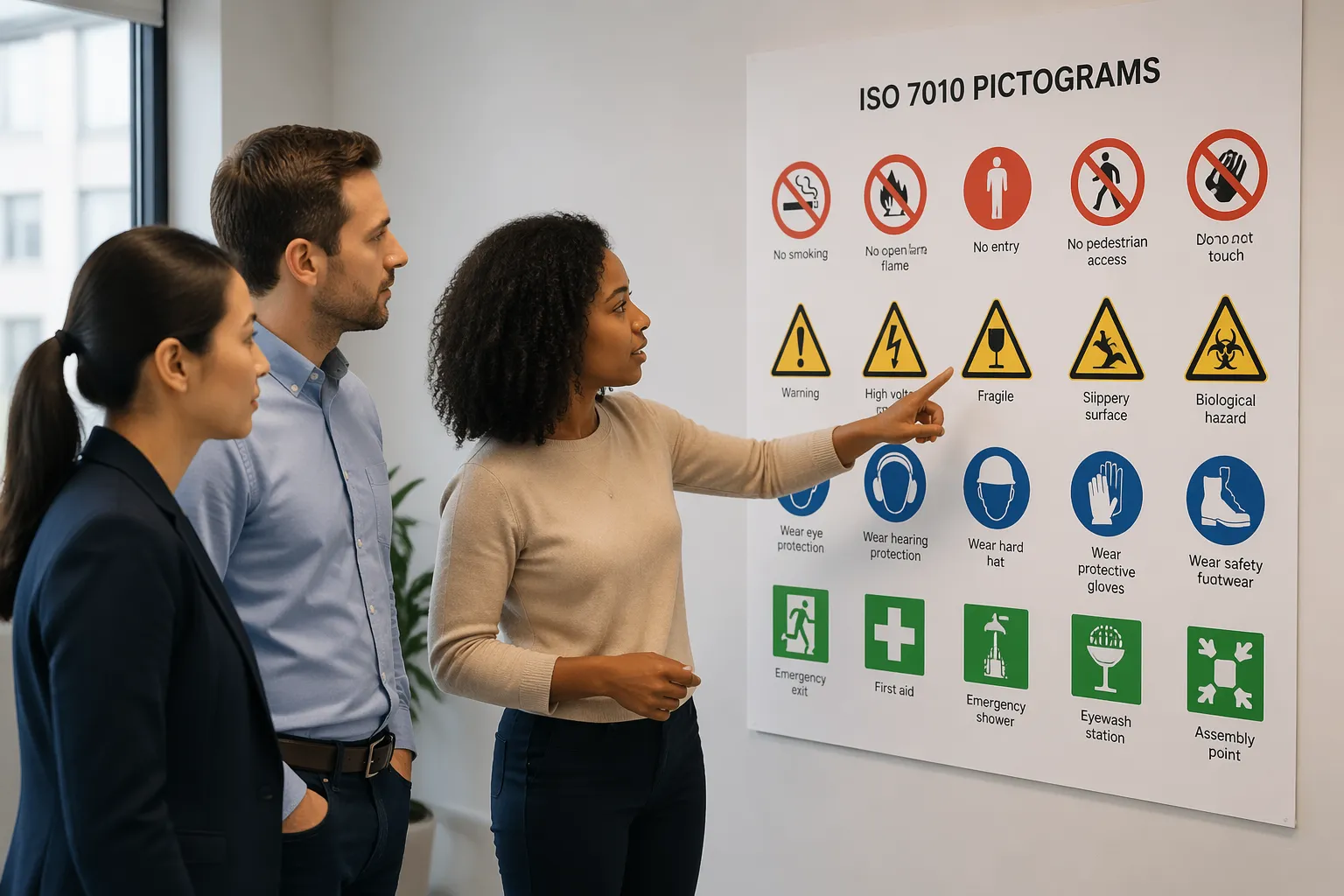 Three people discussing ISO 7010 safety symbols in an office, pointing at a poster with pictograms