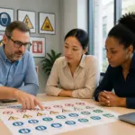 Three professionals examining a guide with ISO 7010 pictograms in a modern office.