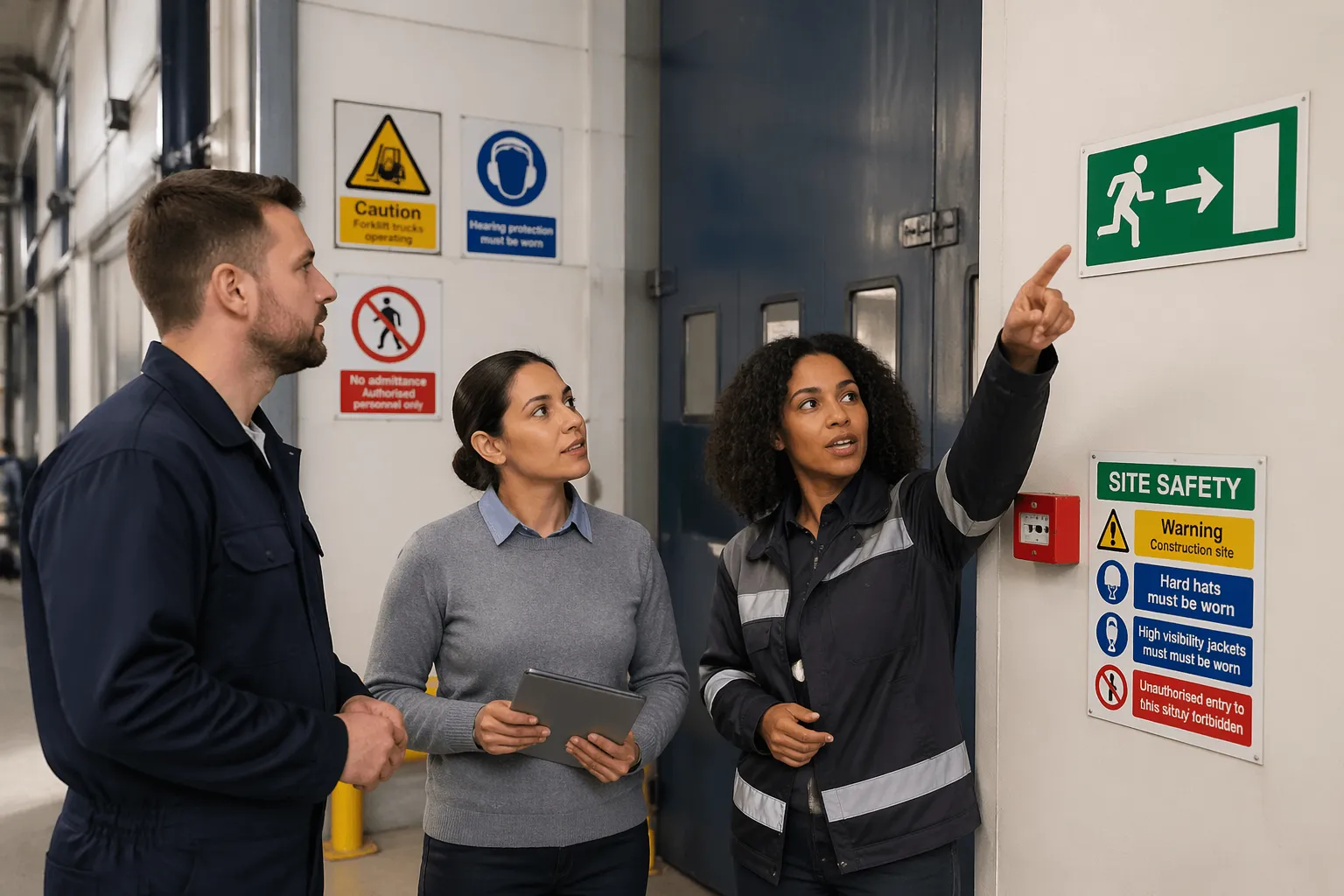 Three individuals discussing safety signage in an industrial facility, with an ISO 7010 safety sign visible on the wall.