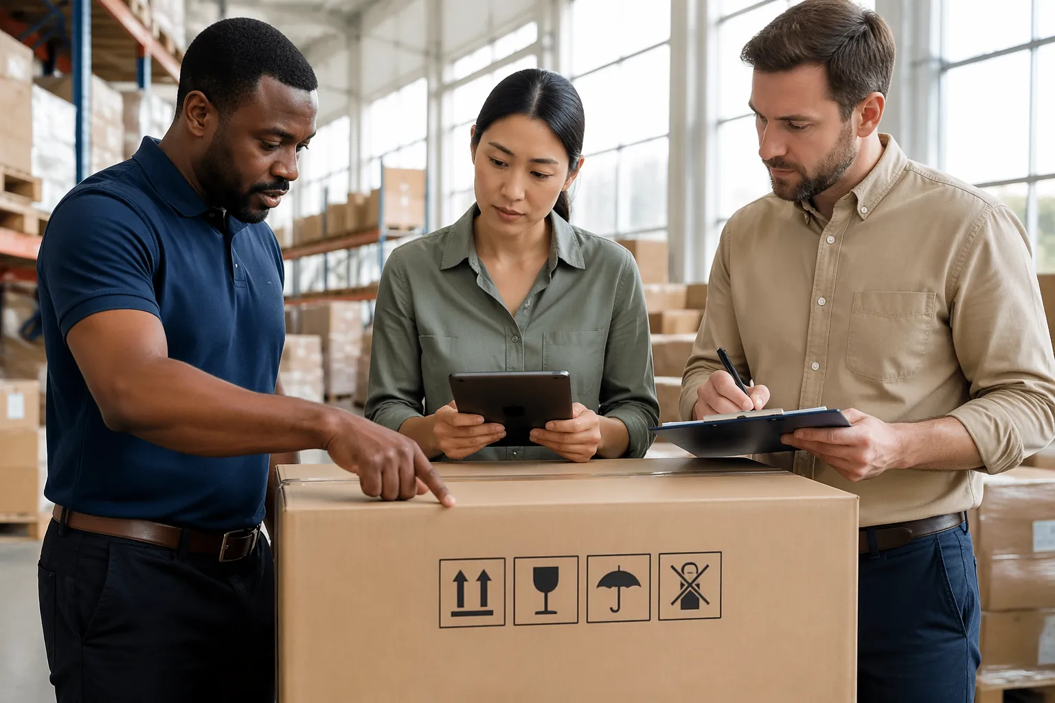 Three individuals discussing ISO 780 handling symbols on a cardboard box in a warehouse