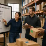 Three logistics professionals discussing a color-coded labeling system in a warehouse