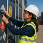 A woman in safety gear labeling a freight container with safety symbols in a logistics yard