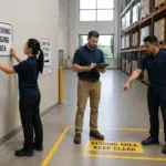Three people labeling staging areas in a warehouse, with clear signs and boundaries visible.