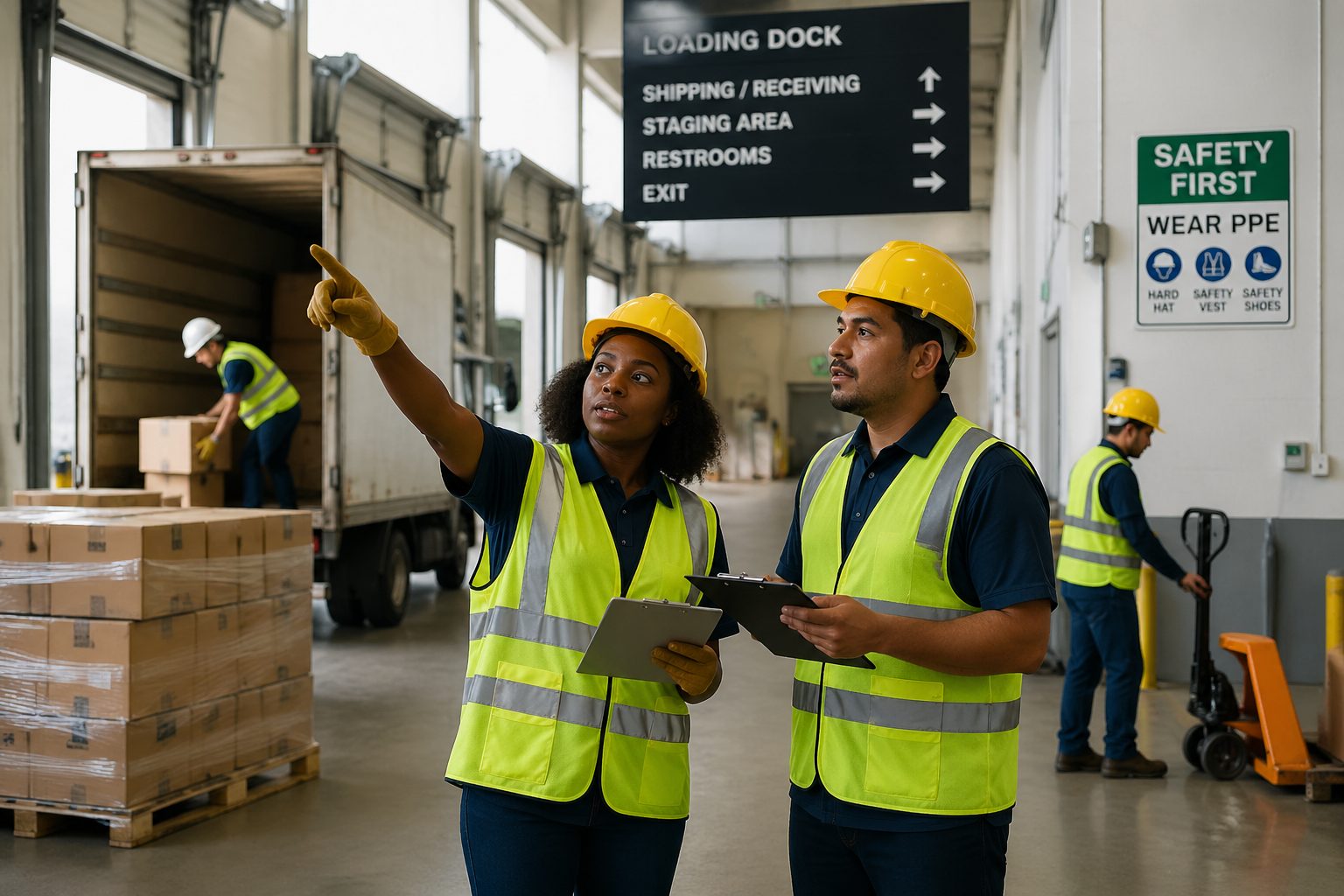 Warehouse workers discussing safety signage at a loading dock