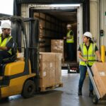 Warehouse workers collaborating on a loading dock, using safety equipment and following wayfinding signs.