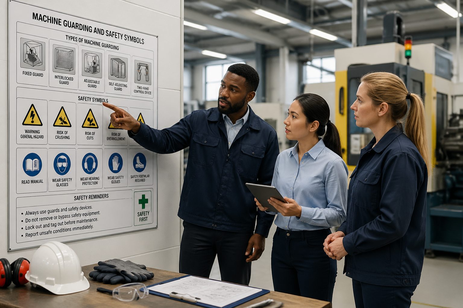 Three professionals discussing machine guarding pictograms in an industrial workspace