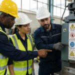 Three workers discussing safety symbols on machinery in a manufacturing environment