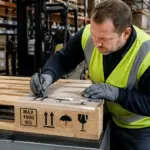 A warehouse worker marking safety symbols on a wooden pallet in a well-lit warehouse.