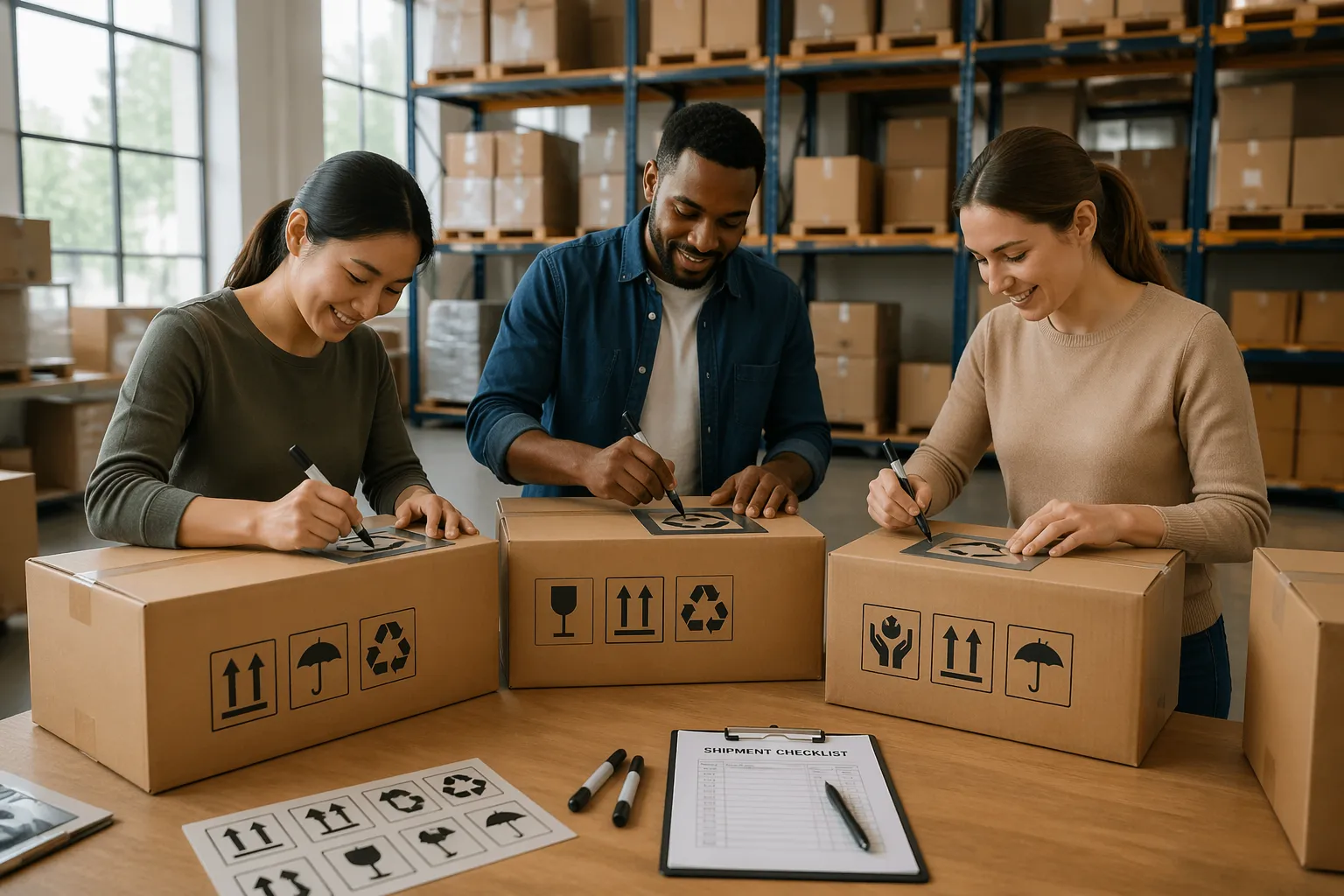 A man and two women marking packages with international logistics pictograms in a warehouse.
