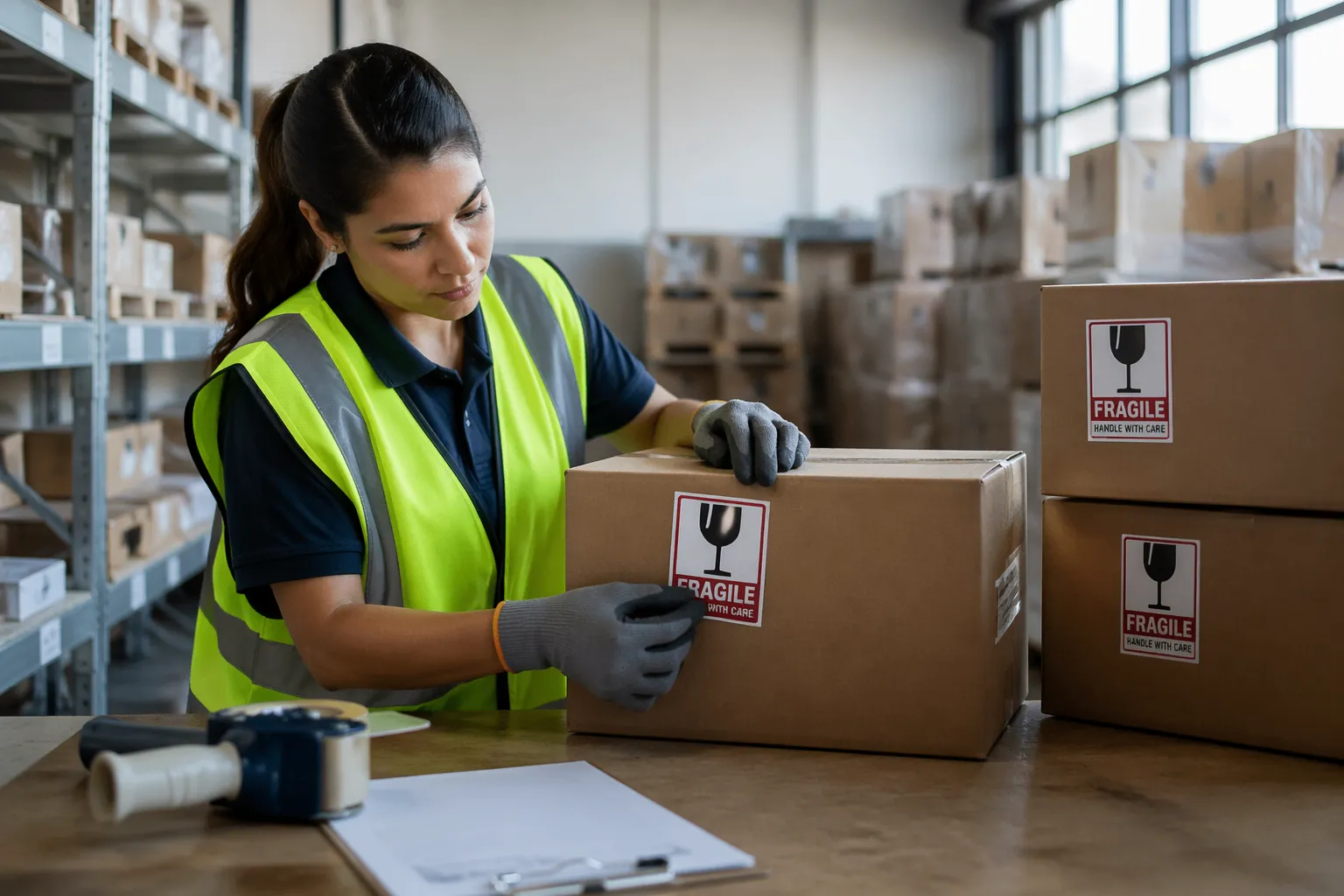 A woman labeling fragile items in a warehouse with clear symbols on boxes