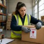 A woman applying clear marking symbols on a fragile item box in a warehouse