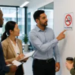 A man and woman discussing no smoking pictograms in a bright office, with a no smoking sign visible on the wall.