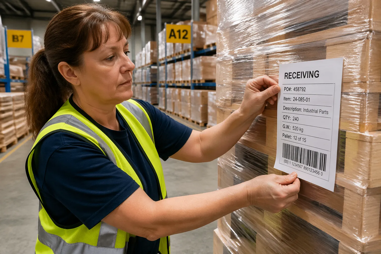 A warehouse worker applying a pallet label to a wooden pallet in a storage area