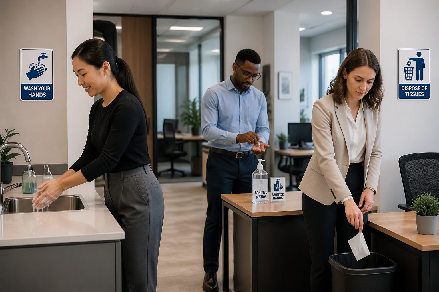 A woman washing her hands, a man using hand sanitizer, and a person disposing of a tissue in an office, illustrating personal hygiene practices.