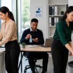 Three individuals practicing personal hygiene in an office setting, including handwashing and using hand sanitizer.