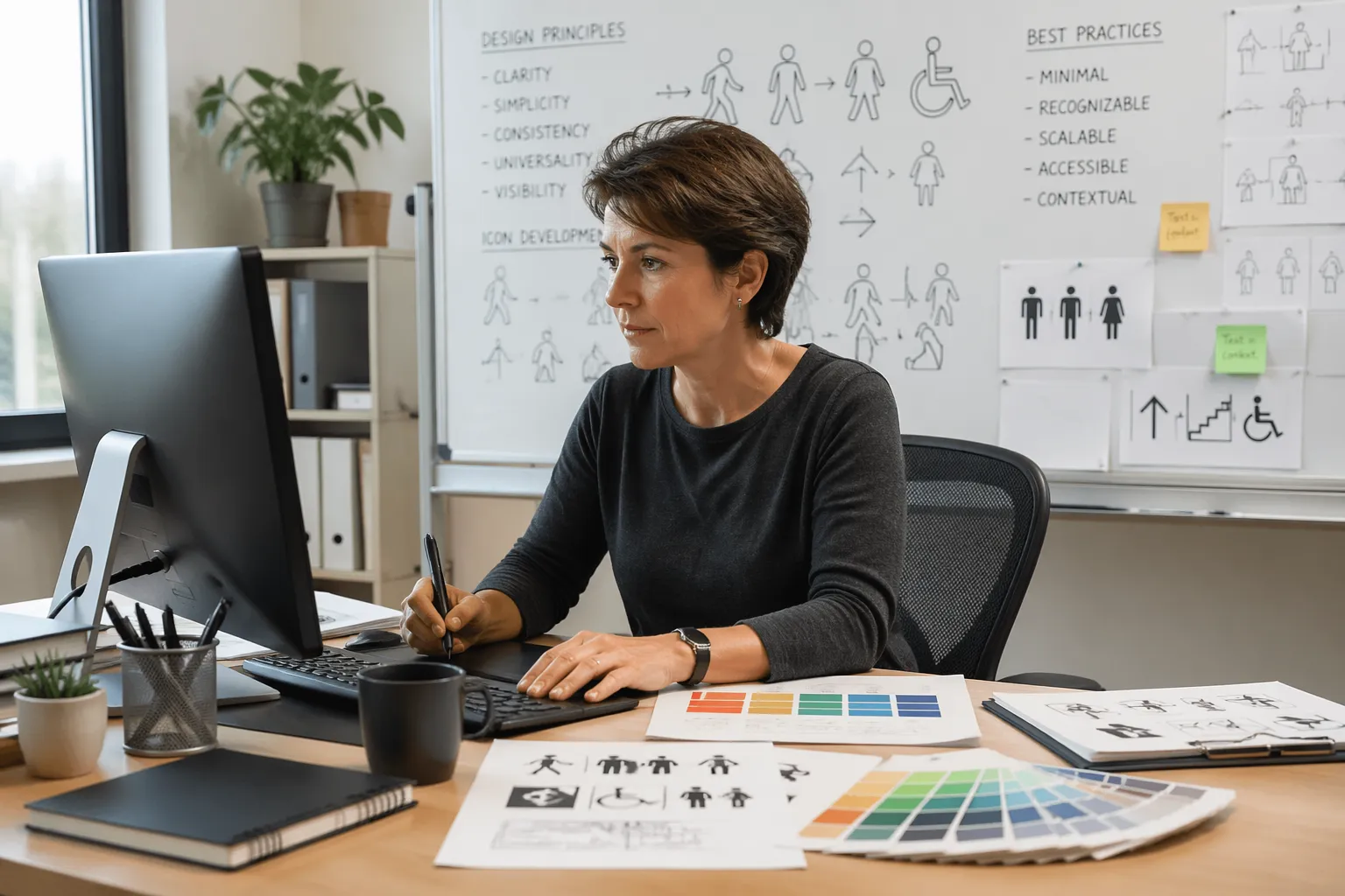 A graphic designer creating pictograms at her desk in a modern office, with design tools and sketches visible.