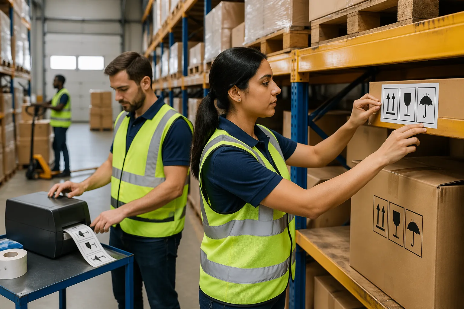 Warehouse workers labeling shelves with pictograms in a well-organized environment