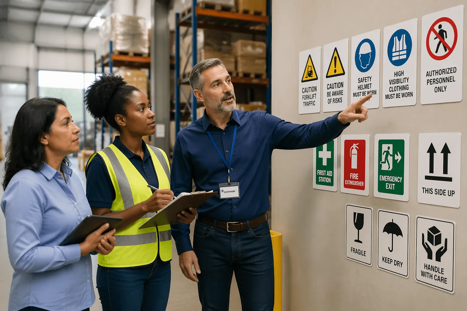 A diverse group of three people discussing pictogram placement on safety signs in a warehouse.