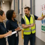 A man and two women discussing pictogram placement in a warehouse, with symbols displayed on the wall behind them.