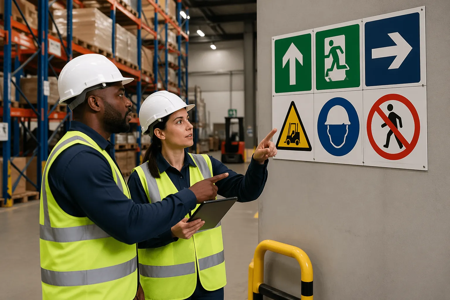 Warehouse workers pointing at pictogram signage that illustrates directions without words