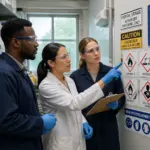 Three individuals examining pictograms in a chemical storage area, focusing on safety signs for hazardous materials.