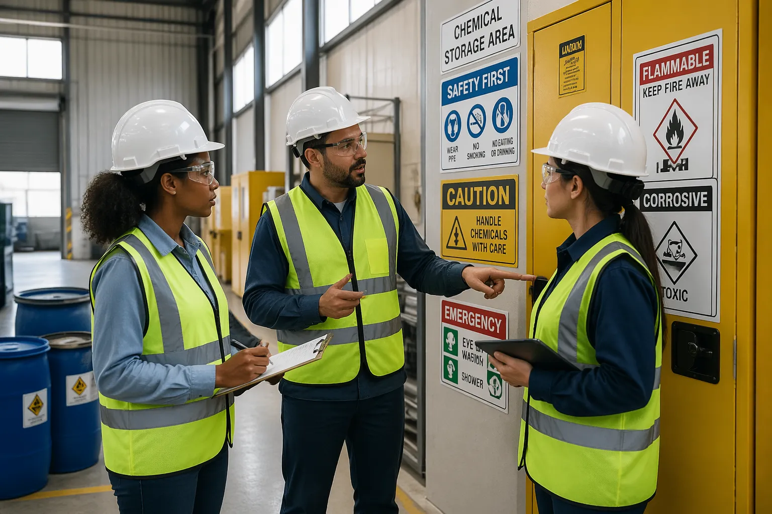 Three safety officers inspecting a chemical storage area with clear pictograms and safety gear