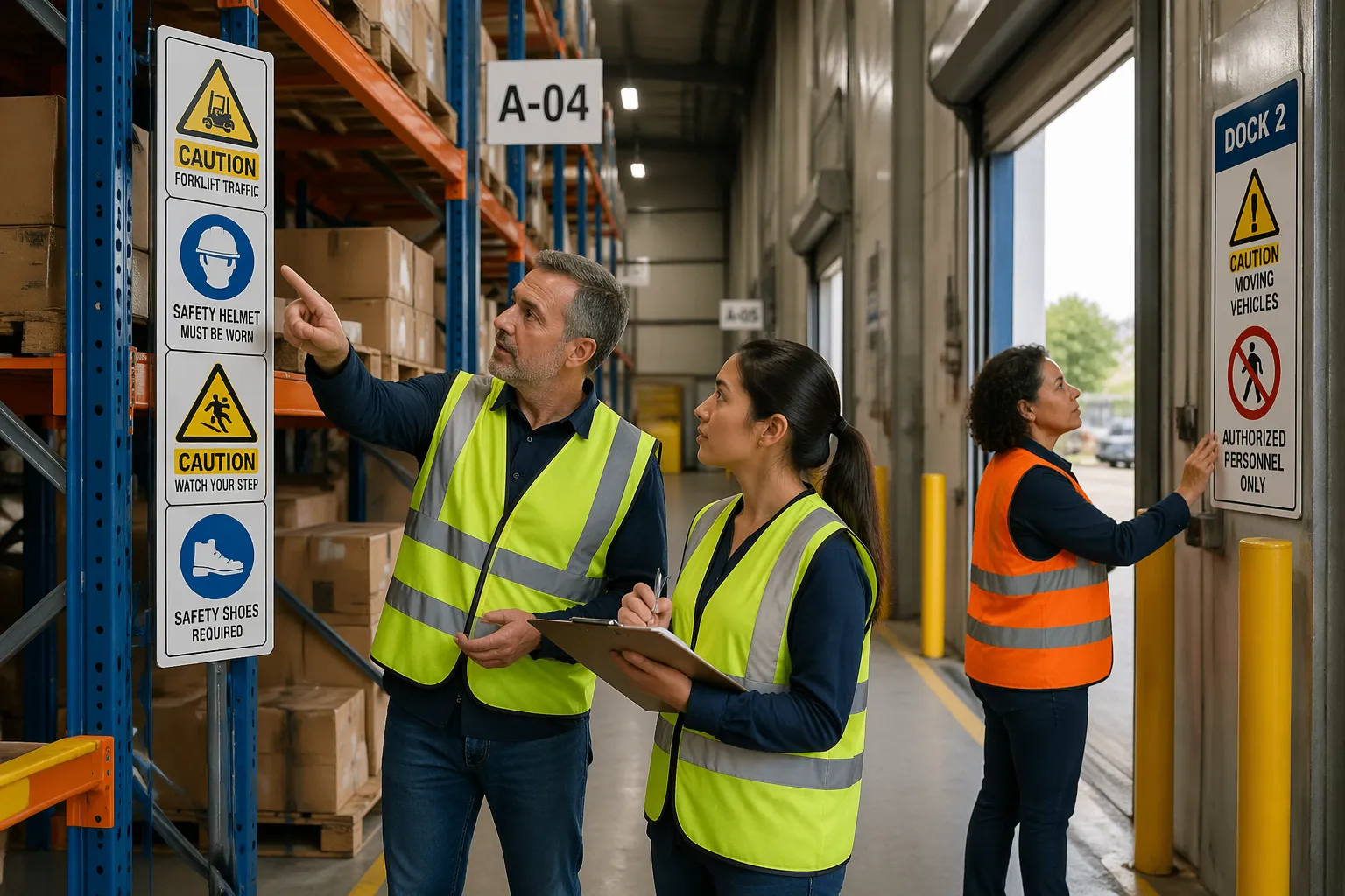 A diverse group of warehouse workers discussing safety pictograms in an organized warehouse environment.