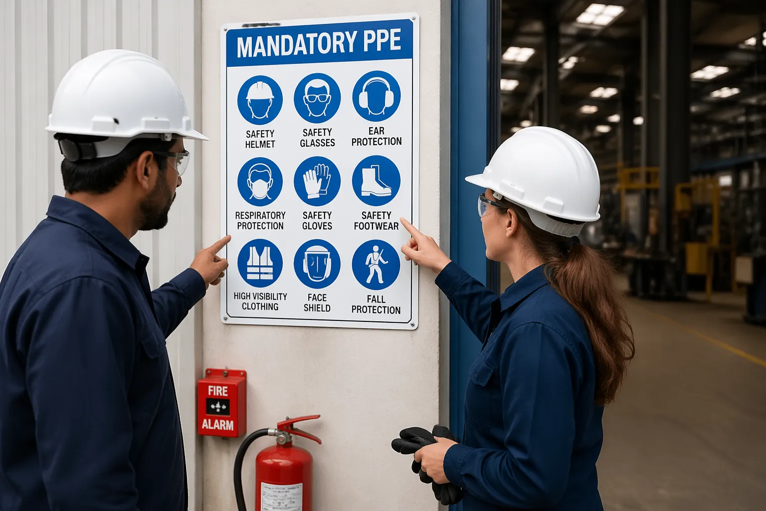 A man and a woman discussing PPE requirement pictograms at a workplace entrance, pointing at a safety sign with various equipment symbols.