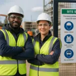 A diverse group of workers wearing personal protective equipment at a construction site entrance with pictograms illustrating safety requirements.