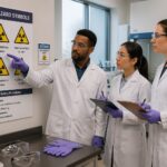 A man pointing at radiation hazard symbols on a poster while two women observe and take notes in a laboratory setting.