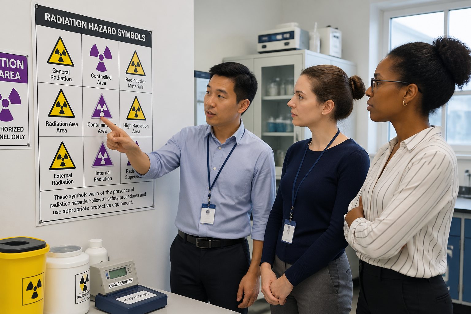 Three adults examining radiation hazard symbols in a laboratory setting