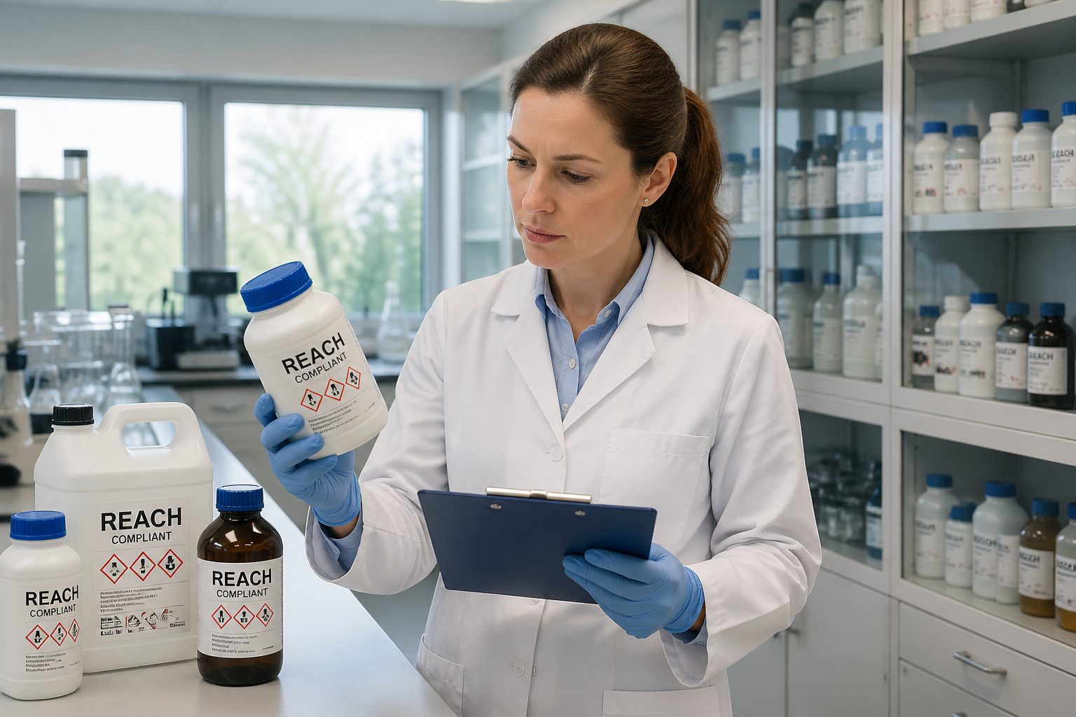 A woman in a lab coat reviews REACH compliance labels on chemical containers in a laboratory.