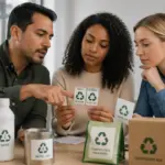 Three adults examining packaging labels with recycling symbols in an office setting