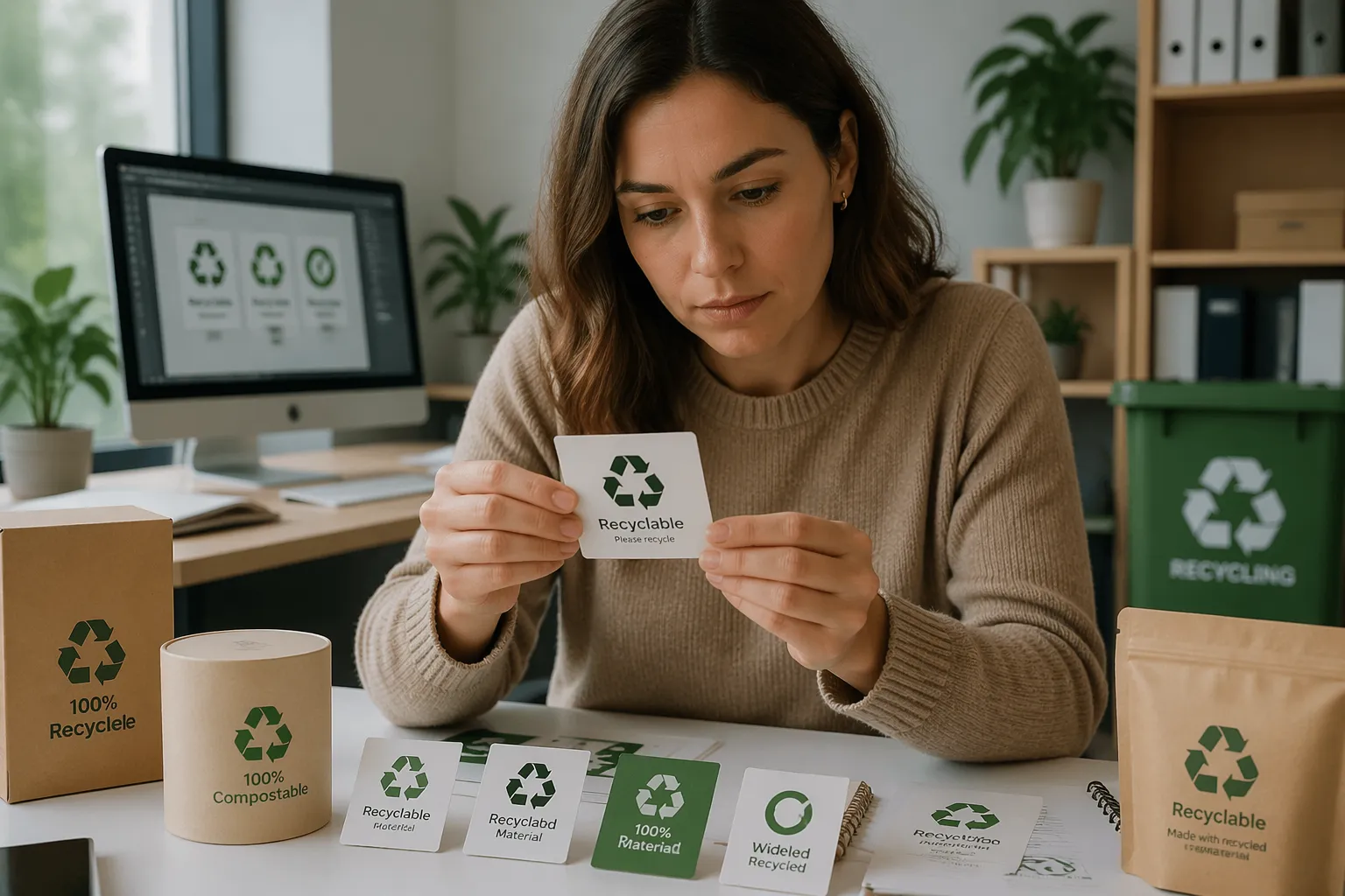 A woman examining packaging labels with recycling symbols in a modern office setting.