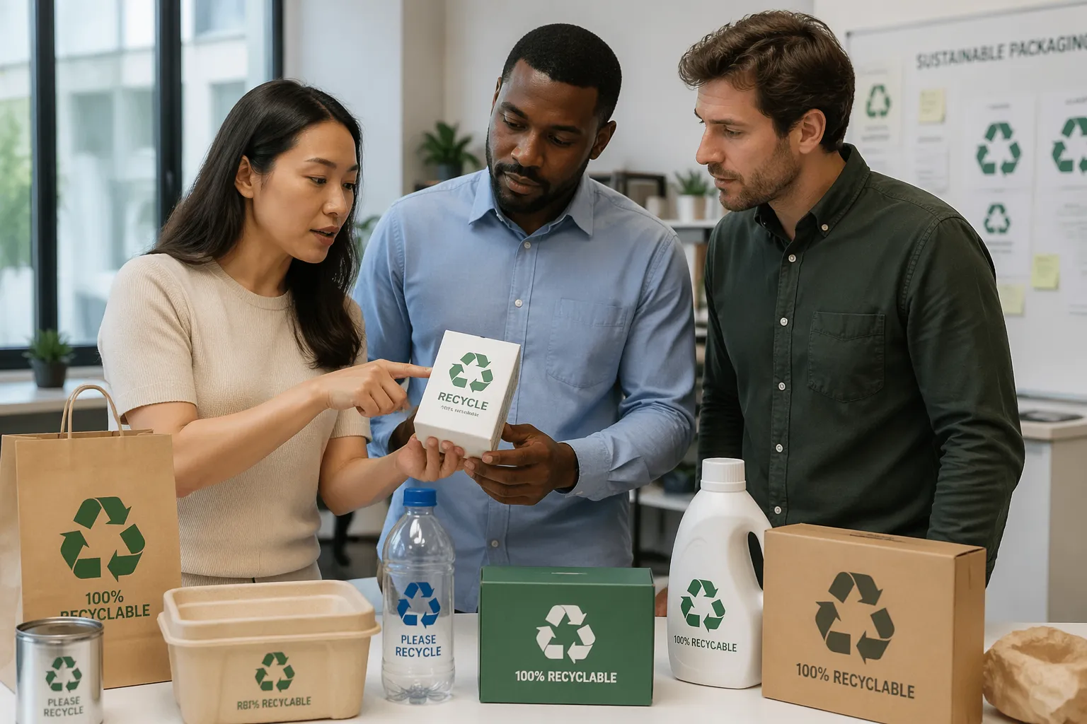 A woman and two men discussing recycling symbols on product packaging in an office setting.