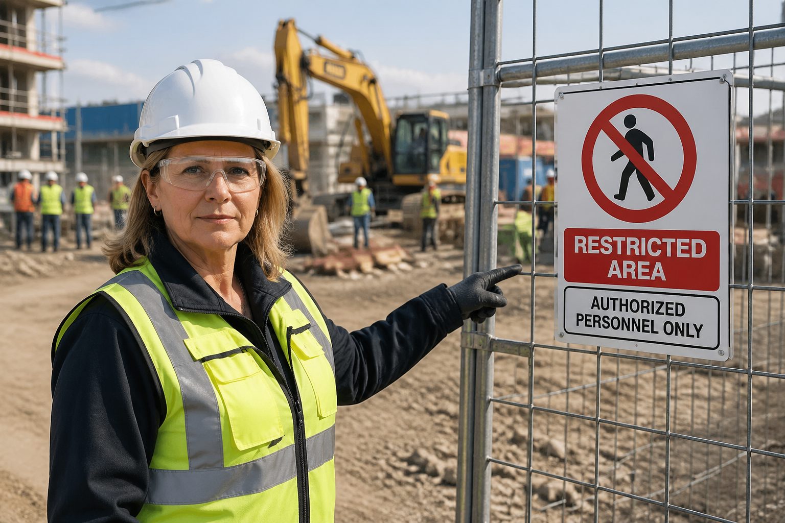 A safety officer pointing at a pictogram sign indicating a restricted area at a construction site.