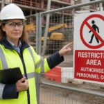 A safety officer pointing at a pictogram indicating a restricted area at a construction site