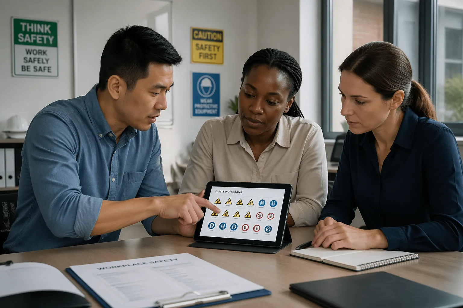 A diverse group of three adults examining safety pictograms on a tablet in an office setting.