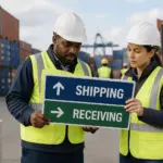 Workers at a shipping dock examining wayfinding signs for shipping and receiving directions