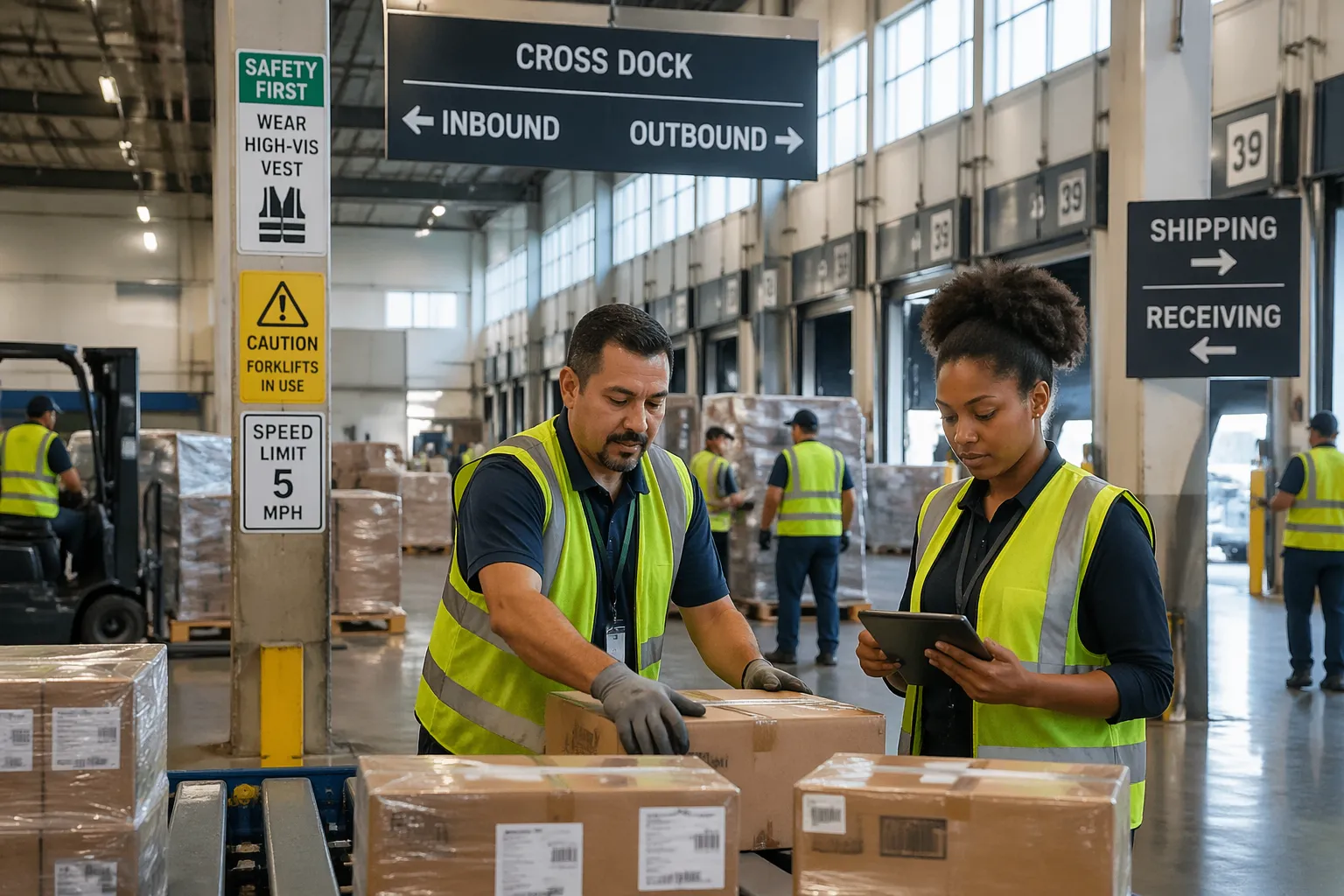 Workers organizing freight in a logistics facility with clear signage for cross-dock operations
