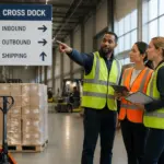 Workers coordinating cross-dock operations in a warehouse with clear signage for fast flow