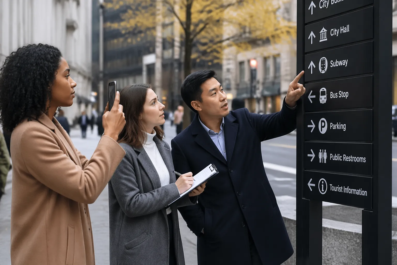 A group of three people discussing standard arrow symbols on wayfinding signs in an urban setting.