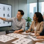 Three professionals discussing pictograms in a conference room