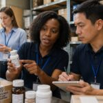 A woman and a man discussing tamper-evident labels on products in a warehouse.