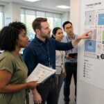 A group of employees in a training room using a wall map to find learning opportunities