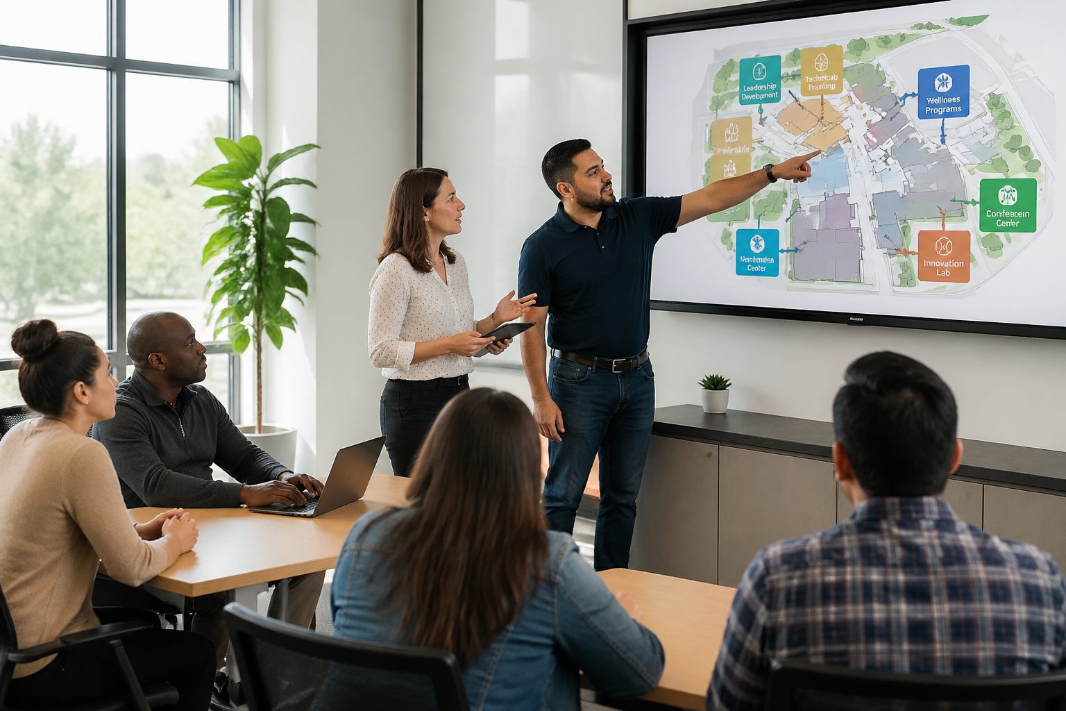 A diverse group of employees using a digital screen for wayfinding in a training room