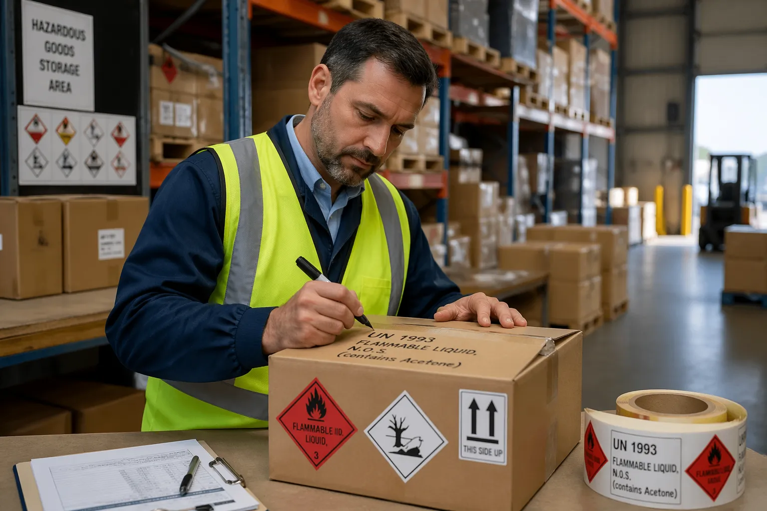 A logistics manager marking packages with UN hazard symbols in a warehouse