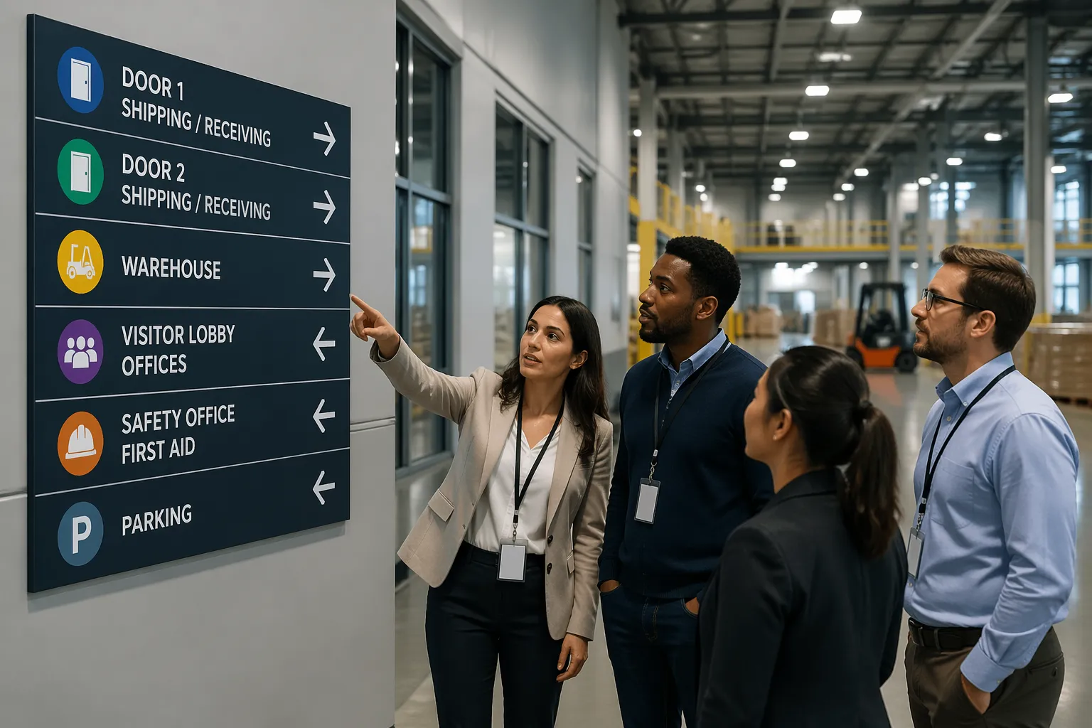 Visitors in a logistics facility looking at a wayfinding sign to find the correct door.