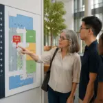 A woman and a man discussing a wayfinding map signage in a facility lobby, pointing at the 'You Are Here' marker.