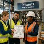 A diverse group of three individuals discussing the returns process in a logistics warehouse with clear signage.